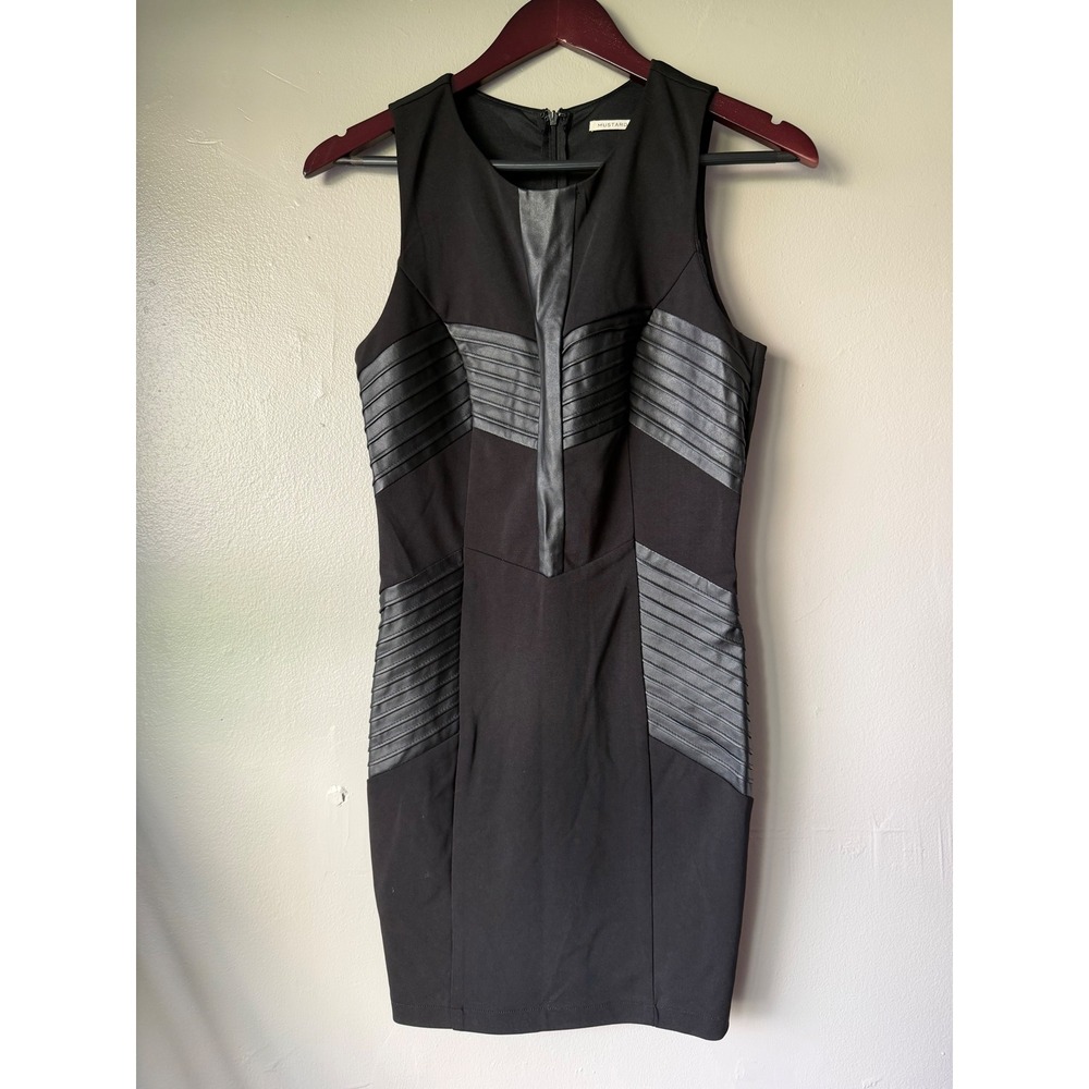 Mustard Seed Womens Black Faux Leather Trim Sleeveless Bodycon Mini Dress Size M